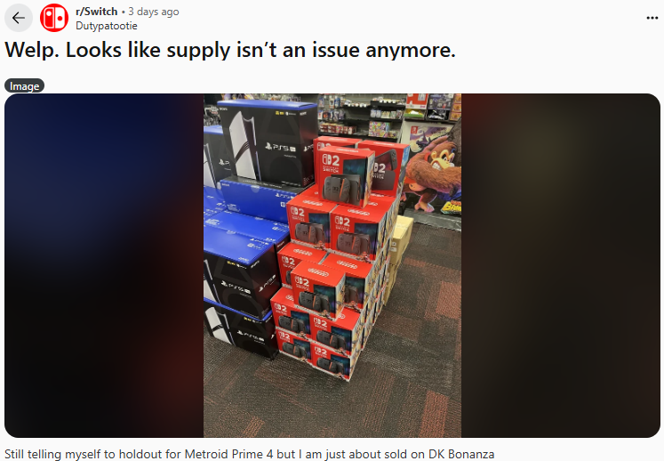 美国玩家晒商场Switch 2堆积如山 日本玩家纳闷我们还在抽选