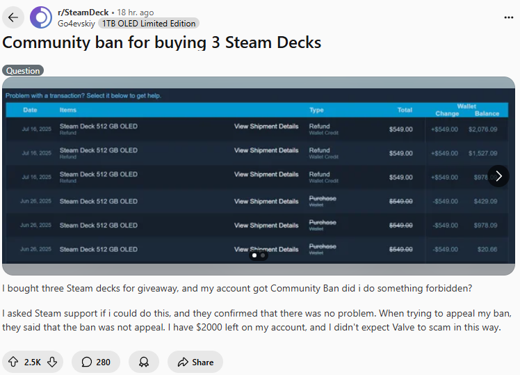 G胖不数三传说新映射 玩家连购3台Steam Deck账号被BAN