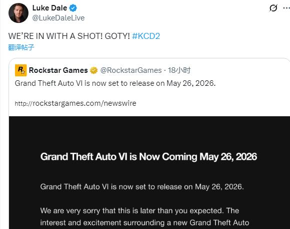 《天国：拯救2》演员大赞《GTA6》跳票 GOTY机会来了