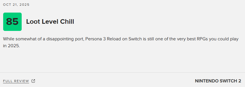 《女神异闻录3：Reload》NS2版79分：表现惊艳 必玩之作！