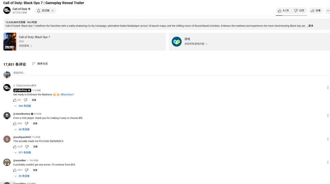 《使命召唤：黑色行动7》预告发布后 顶部评论：轻松选择《战地6》