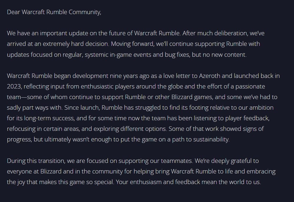 暴雪作出“艰难的决定” 《魔兽大作战》PC版上线不足一年即遭腰斩