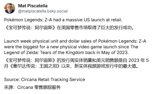 《王国之泪》后最强！《宝可梦传说 Z-A》美国实体销量创纪录
