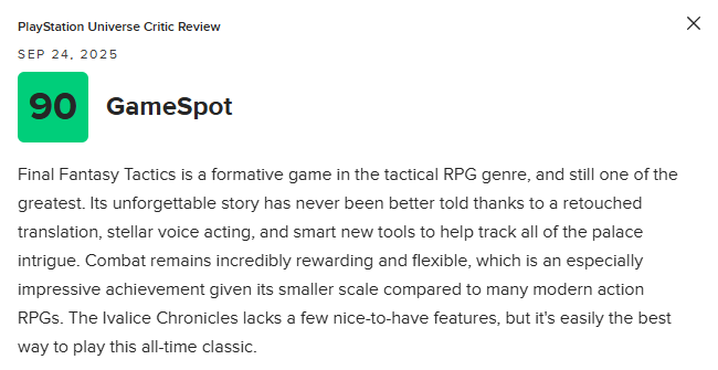 《最终幻想战略版：伊瓦利斯编年史》M站均分87分：所有改动都恰到好处！