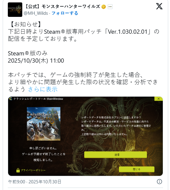 《怪物猎人：荒野》PC版热修 官方追加崩溃速报支持功能