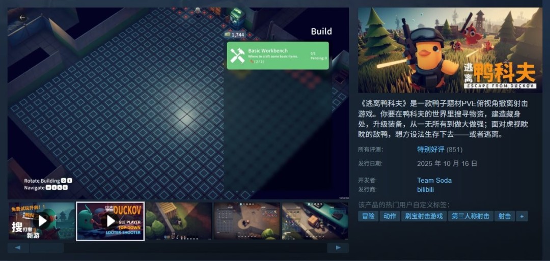 B站发行游戏《逃离鸭科夫》Steam特别好评 在线人数超3万