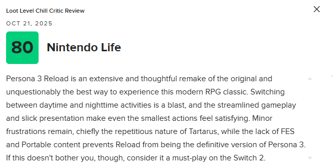 《女神异闻录3：Reload》NS2版79分：表现惊艳 必玩之作！