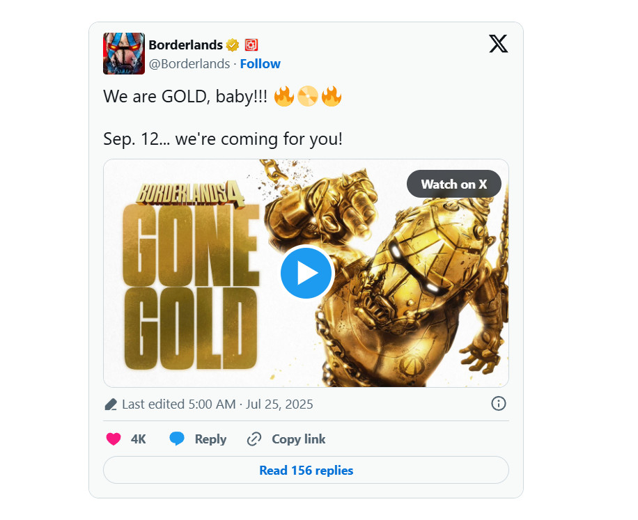 《无主之地4》开发完毕 现已送厂压盘准备好9月准时发售