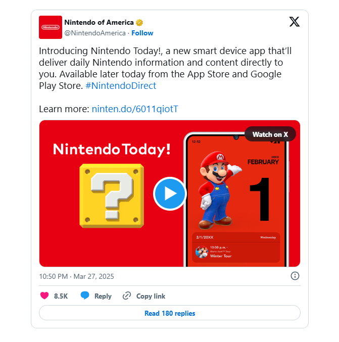 任天堂推出新应用“Nintendo Today” 可推送每日消息和内容