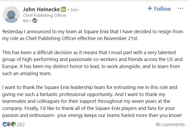 和觉醒说再见 SE西方关键发行经理将离职