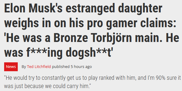 ARPG找代练实际FPS也不行 马斯克女儿揭发父亲《守望先锋》太逊