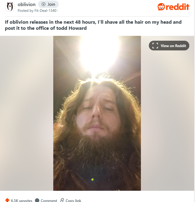 《上古卷轴4：重制版》玩家曾赌咒48小时内发售剃光头发赠给陶德