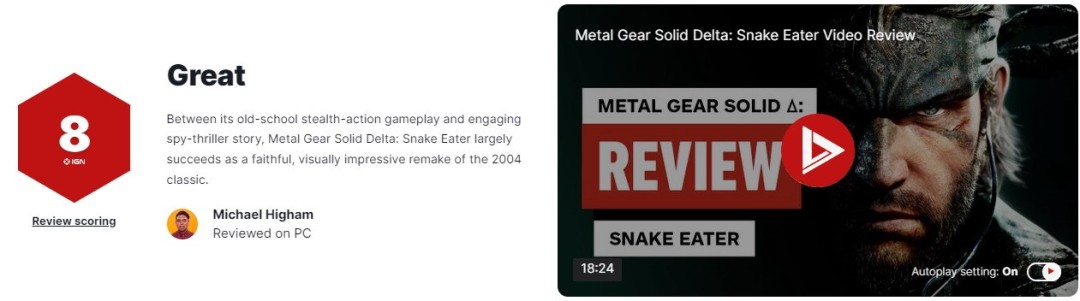 《合金装备3：重制版》IGN评8分 忠实还原原作 画面更佳