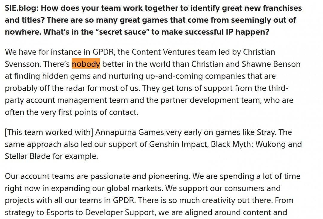 SIE有一支团队 专门寻找那些高质量的潜力股游戏