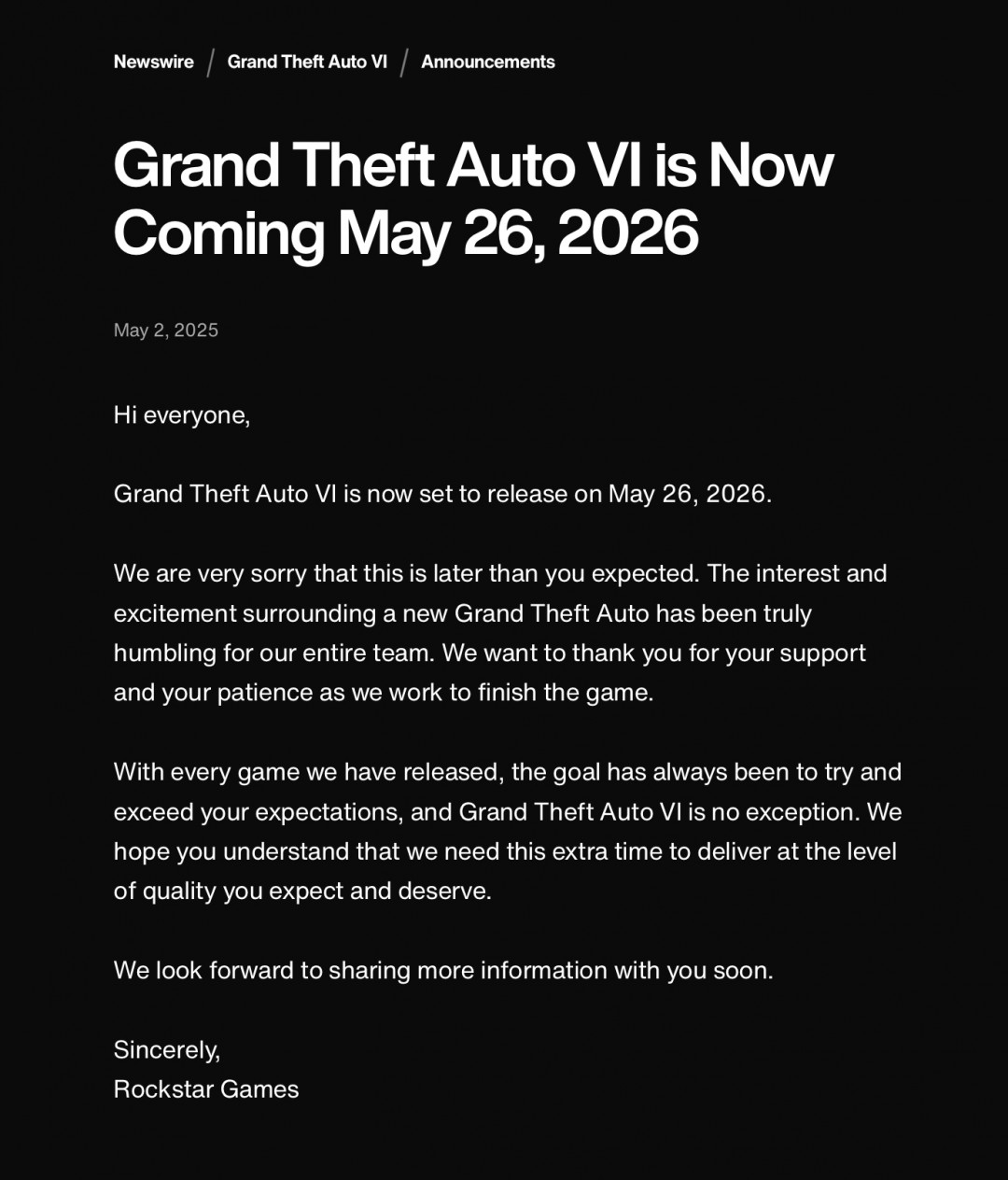 R星官宣：《GTA6》跳票到2026年5月26日
