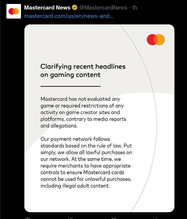 Visa和万事达遭大量玩家抵制 股价出现大幅度下滑、万事达否认审查游戏