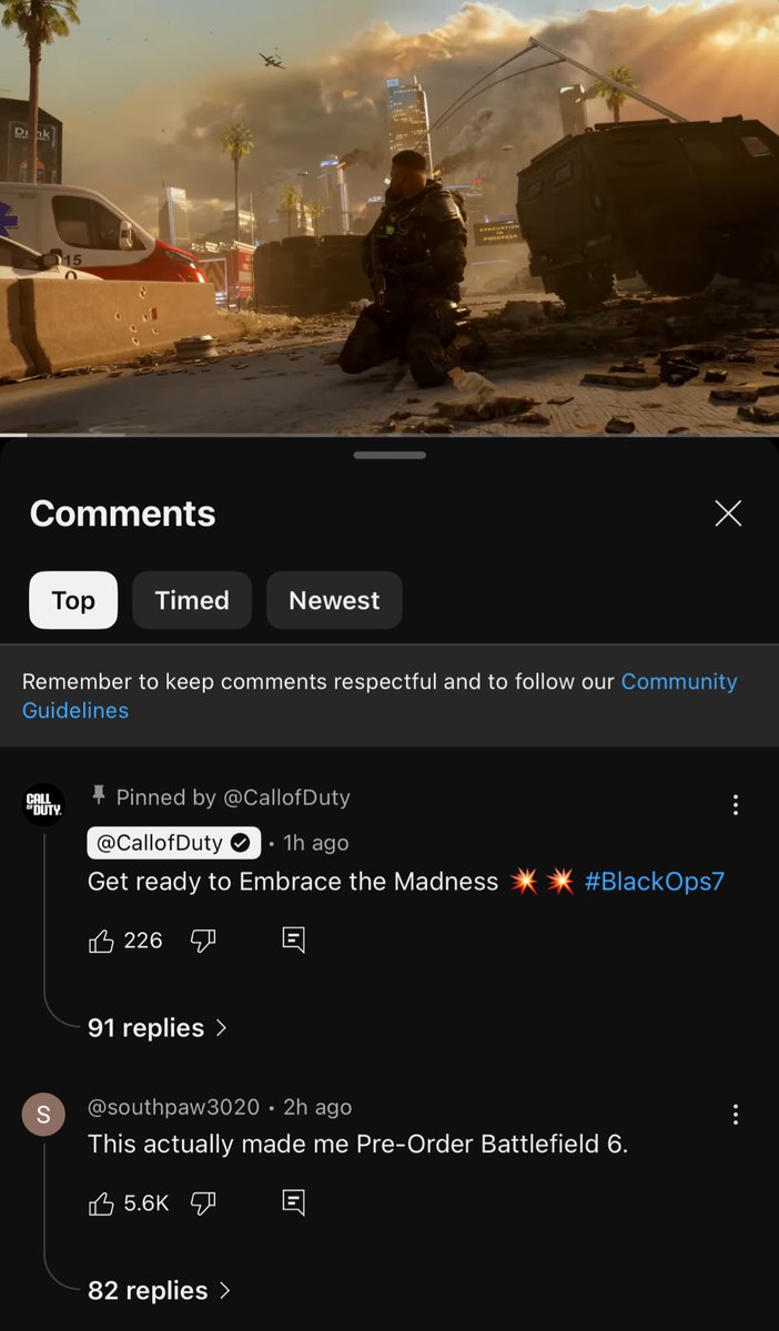 《使命召唤：黑色行动7》预告发布后 顶部评论：轻松选择《战地6》
