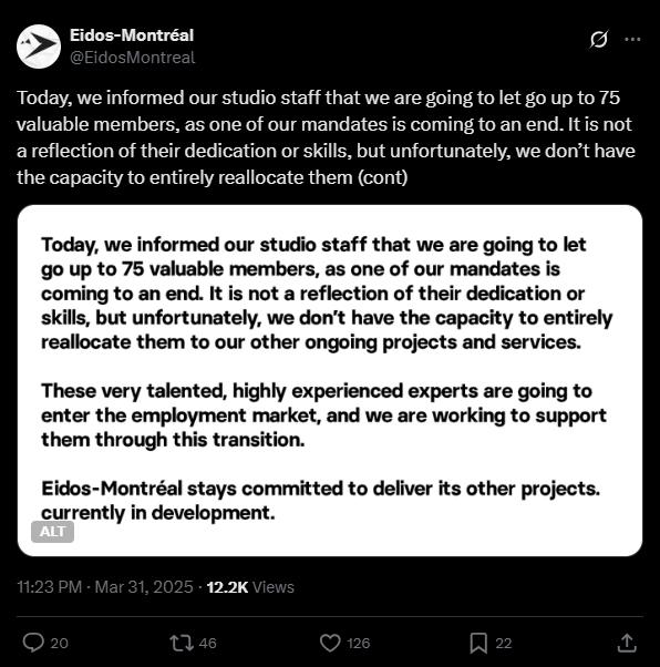 Embracer Group旗下工作室Eidos-Montréal进一步裁员 最多达75人