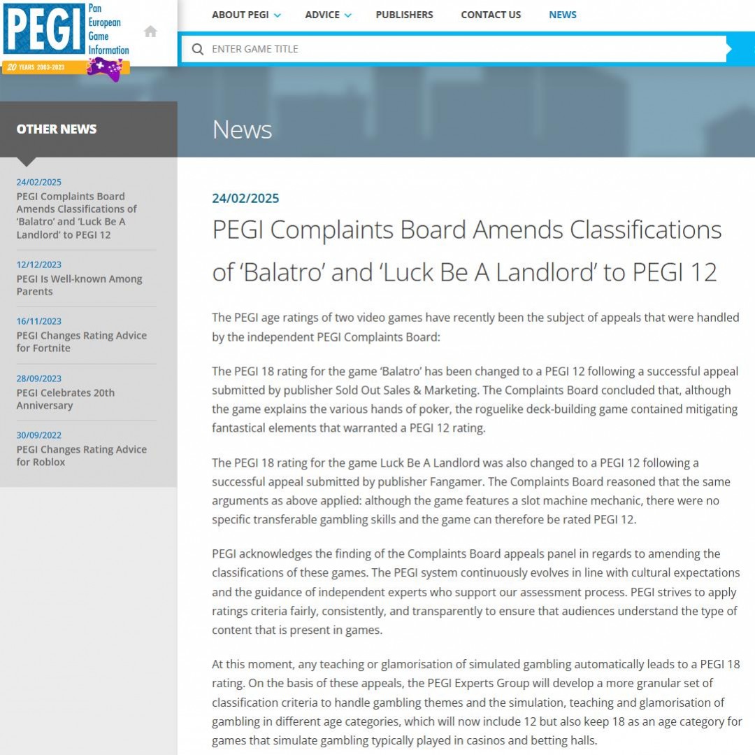 不满评级分类上诉后 《小丑牌》现为PEGI 12游戏