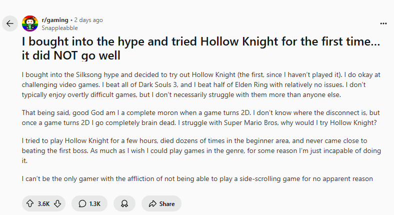 新玩家受《丝之歌》影响去玩《空洞骑士》：第一个boss都打不过！