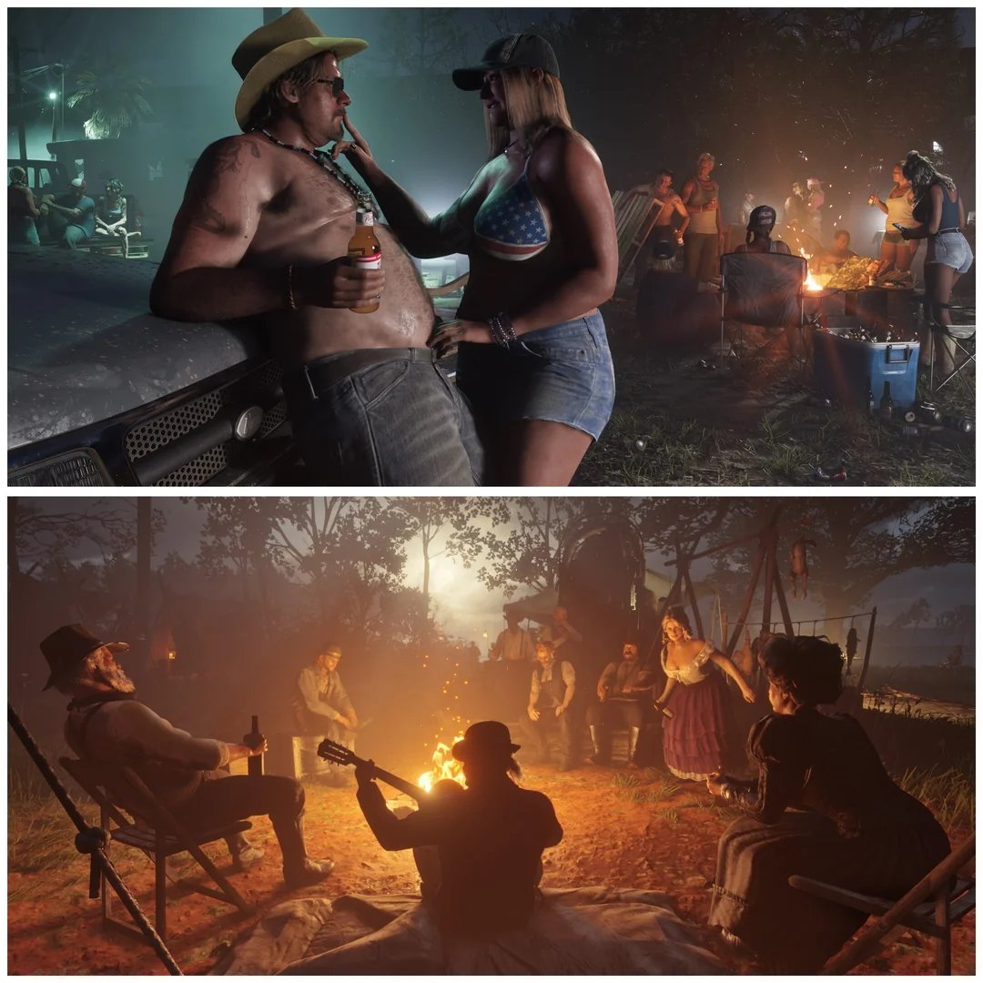 画风相似！《GTA6》和《荒野大镖客2》画面对比、《GTA6》预告片2浏览量破亿