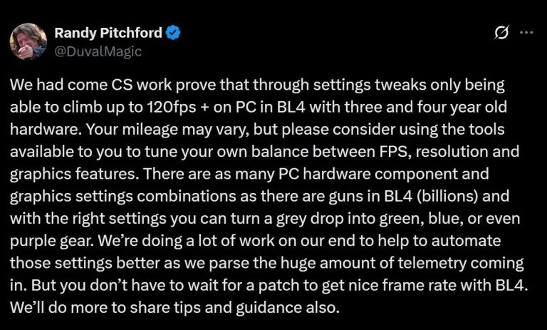 Gearbox称《无主之地4》无需性能补丁 完全能达120帧