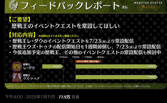 《怪物猎人：荒野》将响应玩家呼声 历战王挑战改为常设任务