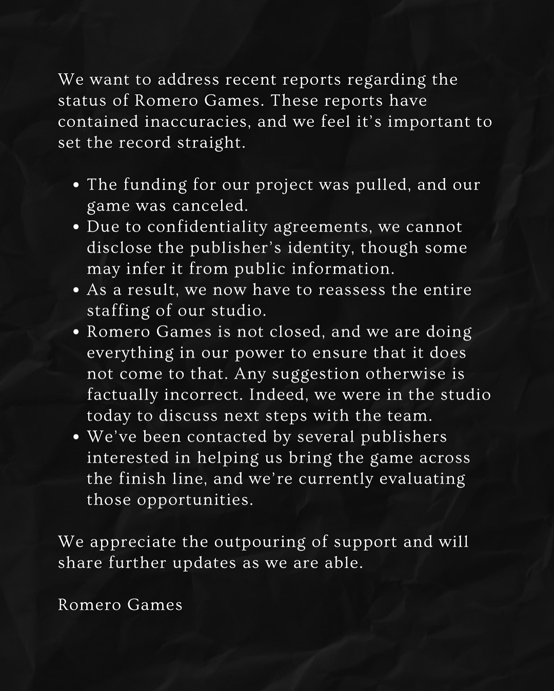 《毁灭战士》之父工作室Romero Games澄清没有关闭 被砍项目或有转机