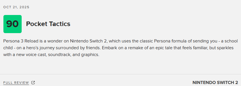 《女神异闻录3：Reload》NS2版79分：表现惊艳 必玩之作！