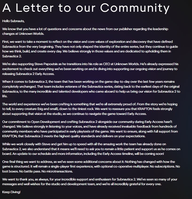 游戏内容不会有变化 《深海迷航2》开发商回应领导层变动争议