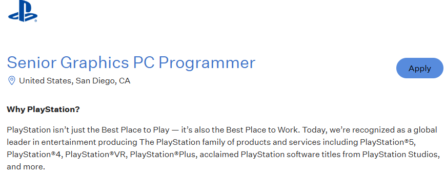 索尼圣迭戈工作室招募PC端图像师 或开发3APC游戏