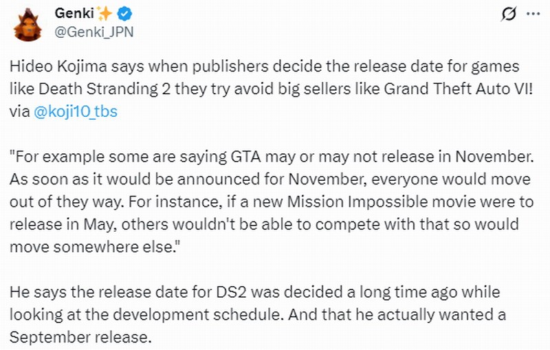 《GTA6》太猛 小岛秀夫承认《死亡搁浅2》需避其锋芒