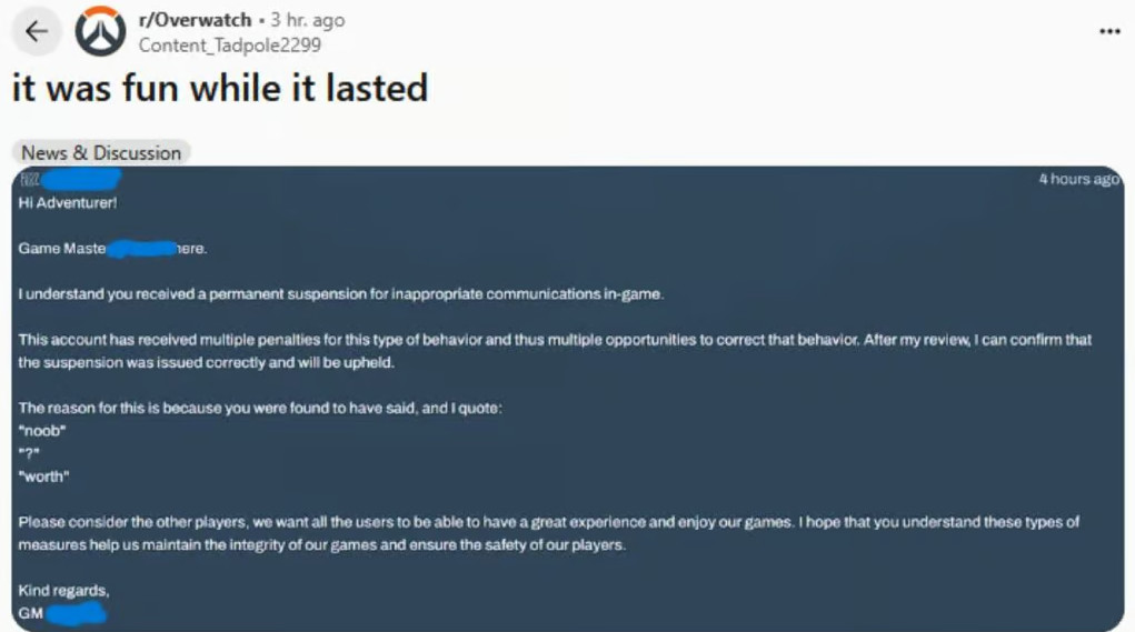 离大谱！《守望先锋2》玩家因喊Noob被永久封号