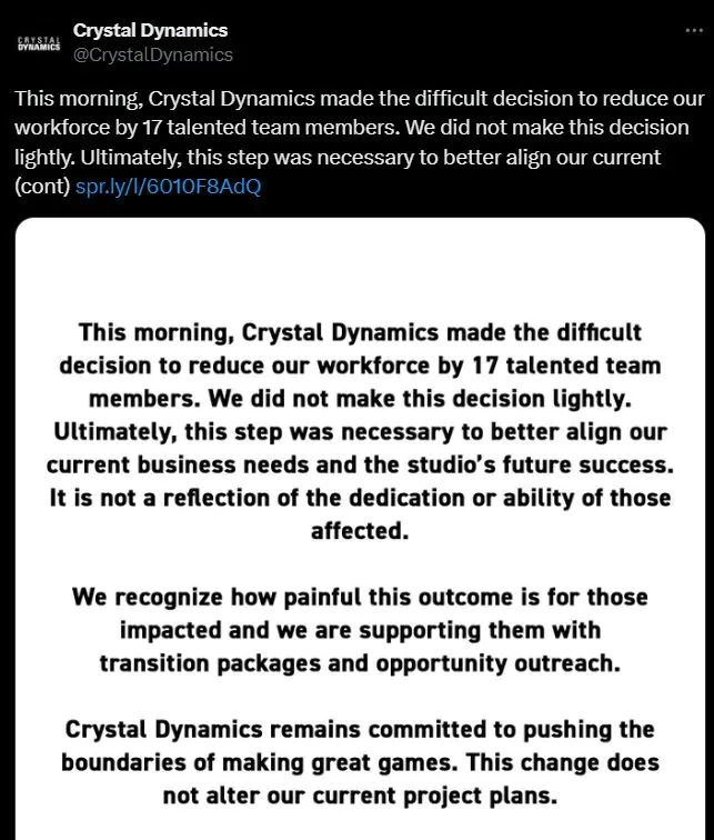 《古墓丽影》开发商水晶动力公司裁员 解雇17名员工