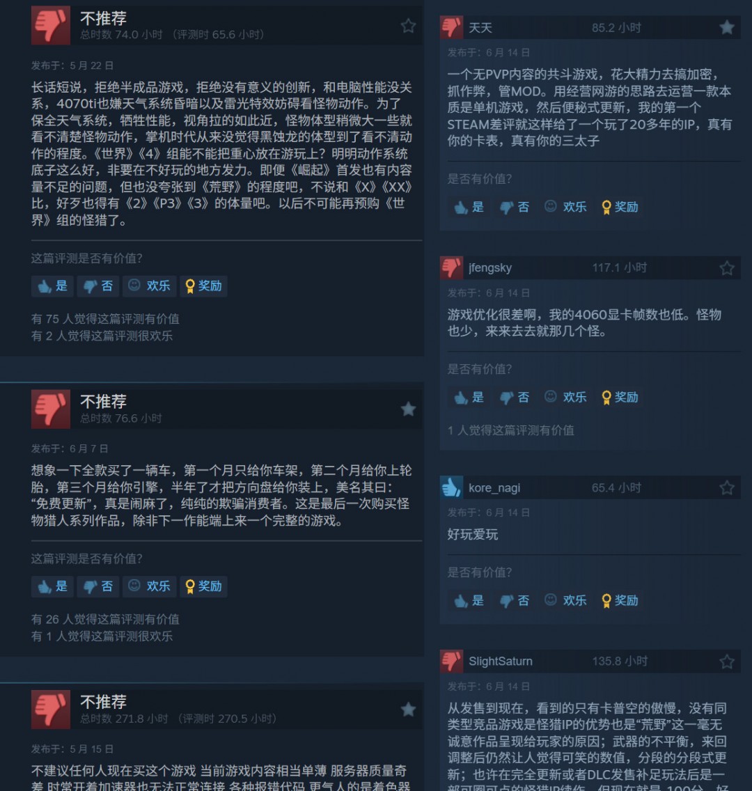 《怪物猎人：荒野》便秘式更新惹众怒 PC版已多半差评