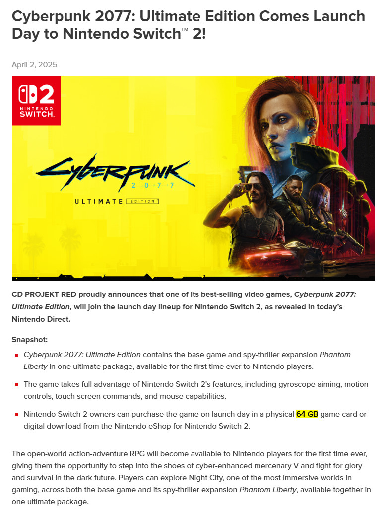 Switch 2部分游戏容量公布 《赛博朋克2077》需要64G