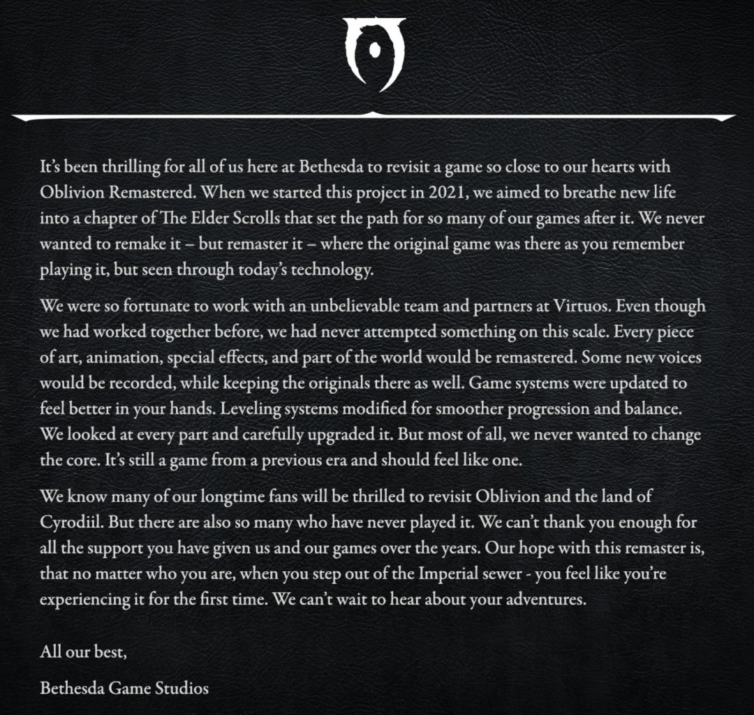 《上古卷轴4：重制版》并非完全重制 只是现代化升级