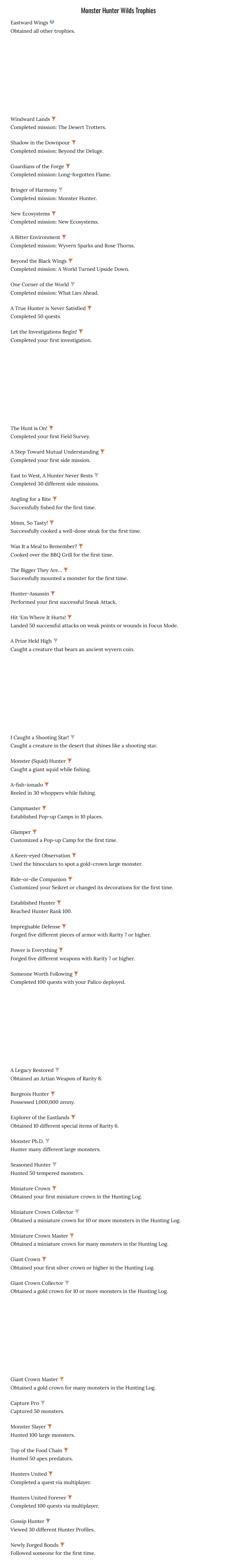 《怪物猎人：荒野》PS奖杯列表曝光 “大小金”奖杯仍然存在