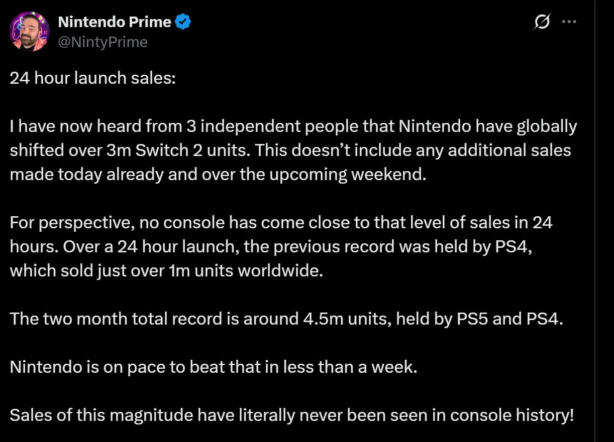 传Switch 2可能创造了历史 24小时销量超300万台