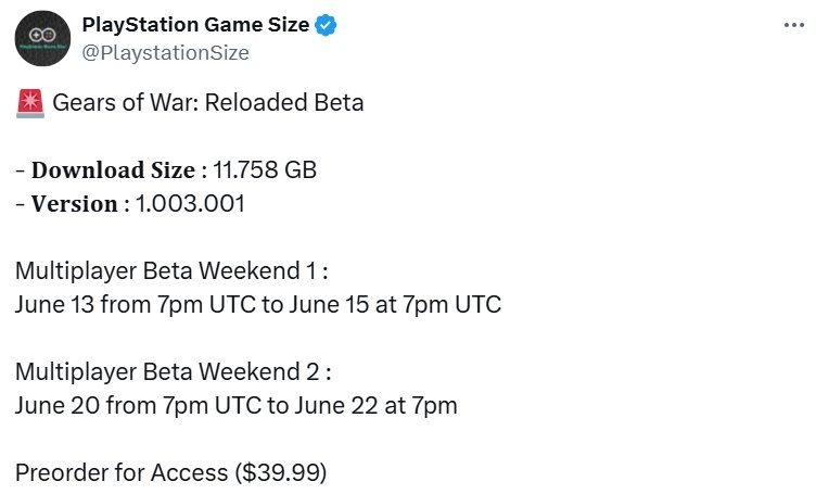 《战争机器：重装上阵》测试版泄露大小与发布时间