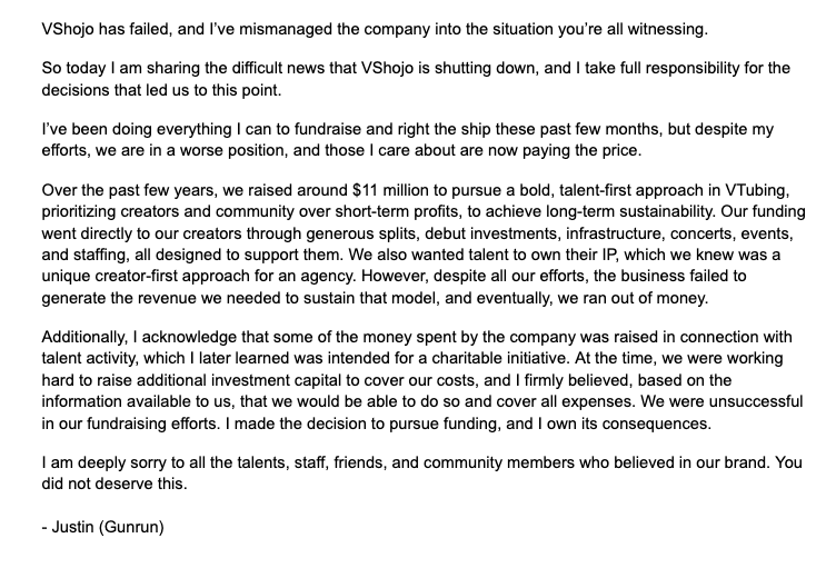 虚拟主播经纪公司VShojo承认挪用善款维持公司经营