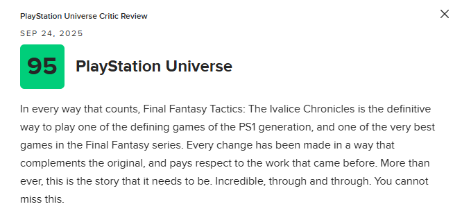 《最终幻想战略版：伊瓦利斯编年史》M站均分87分：所有改动都恰到好处！