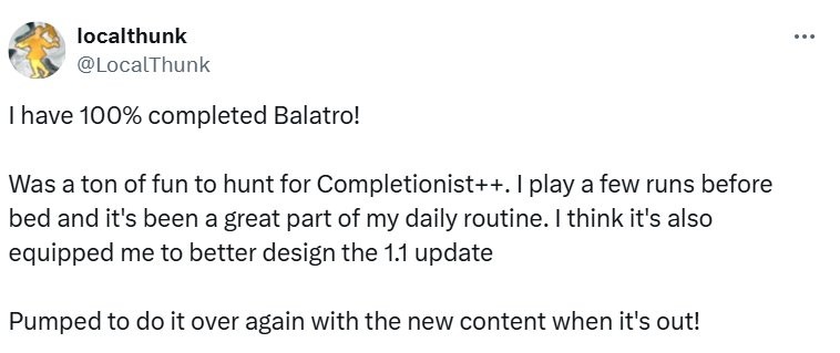 《小丑牌》作者完成游戏全成就 并称为1.1版本更新做好准备