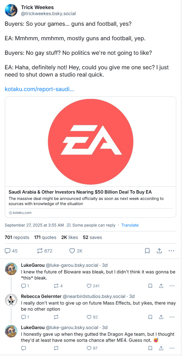 前BioWare资深开发者担忧工作室可能会被EA关闭