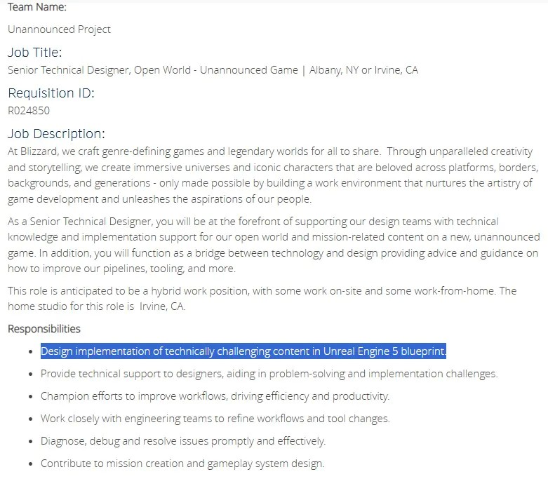 暴雪尚未公布的3A开放世界多人RPG游戏将使用虚幻引擎5开发