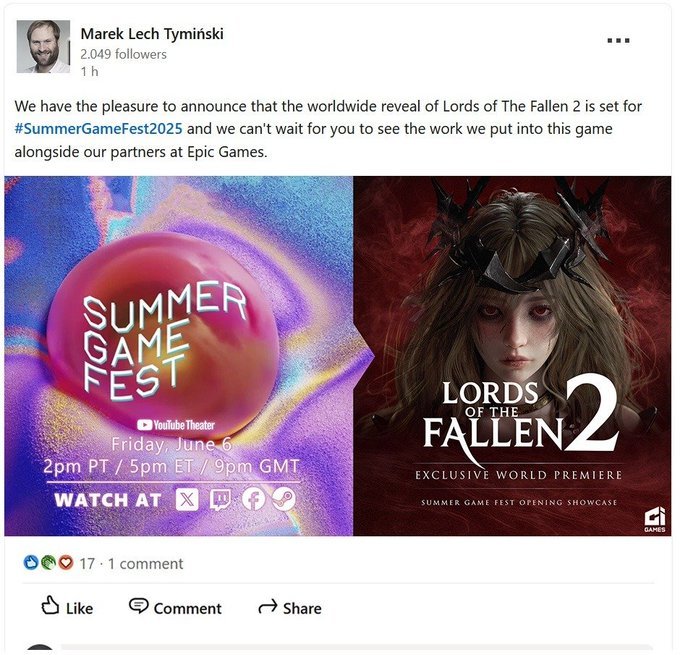 CEO私人账号透情报 《堕落之主2》或亮相夏日游戏节