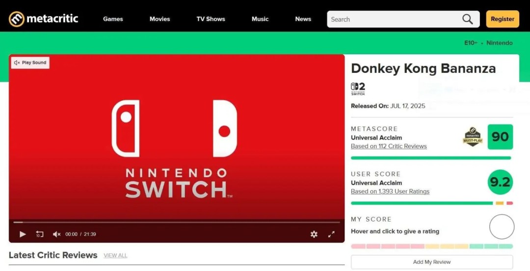 评分登顶！ 《咚奇刚:蕉力全开》成为M站上用户评分最高的任天堂第一方游戏