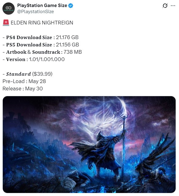 《艾尔登法环:黑夜君临》PS4/5版容量曝光 不到22GB