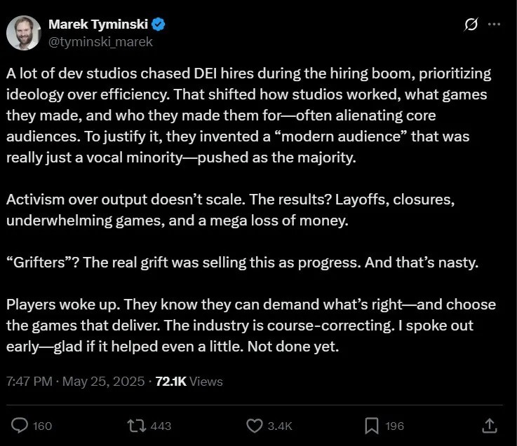 《堕落之主》发行商：DEI是骗局 导致工作室裁员或倒闭