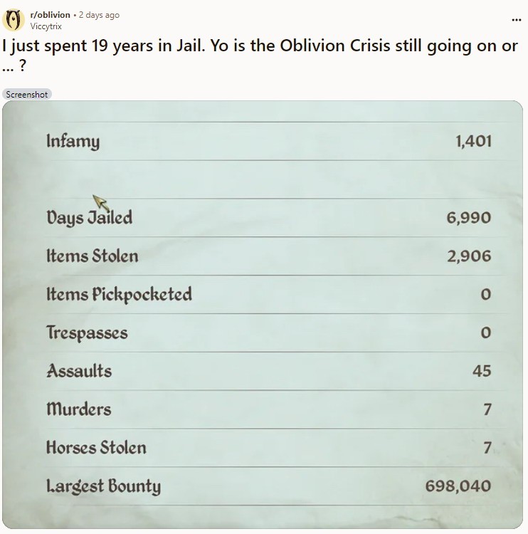 《上古卷轴4：重制版》某玩家因Bug“服刑”19年引发热议